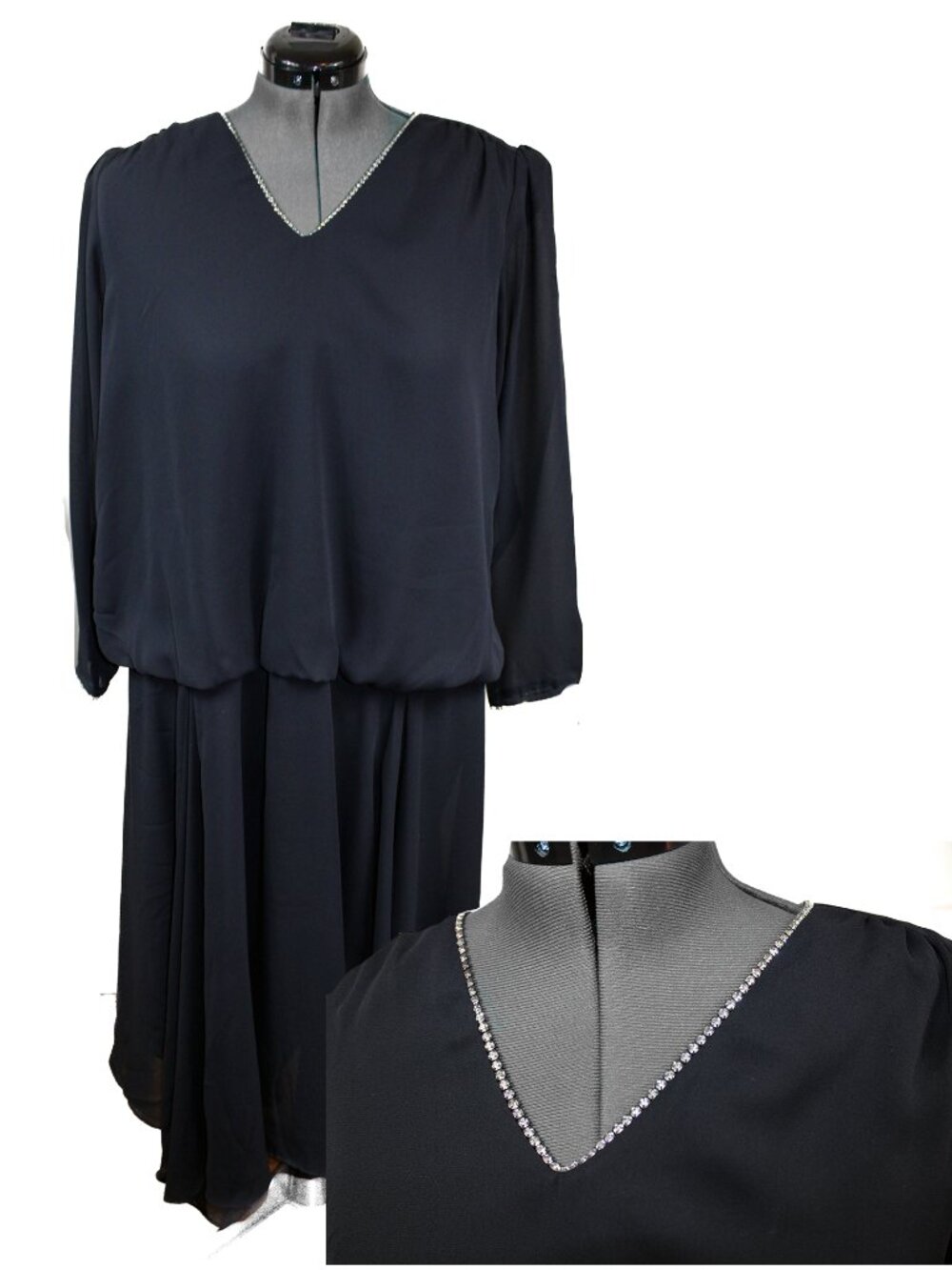 VTG CHEZ OF CALIFORNIA by Tandy SZ 18 W Black Maxi Dress Drop Waist Chiffon